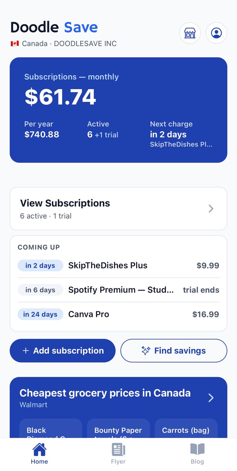 The Doodle Save home screen: $61.74 monthly subscription spend, $740.88 per year, 6 active subscriptions and 1 trial, a Coming Up list showing SkipTheDishes Plus charging in 2 days and a Spotify Premium student trial ending in 6 days, and a panel of the cheapest grocery prices in Canada.